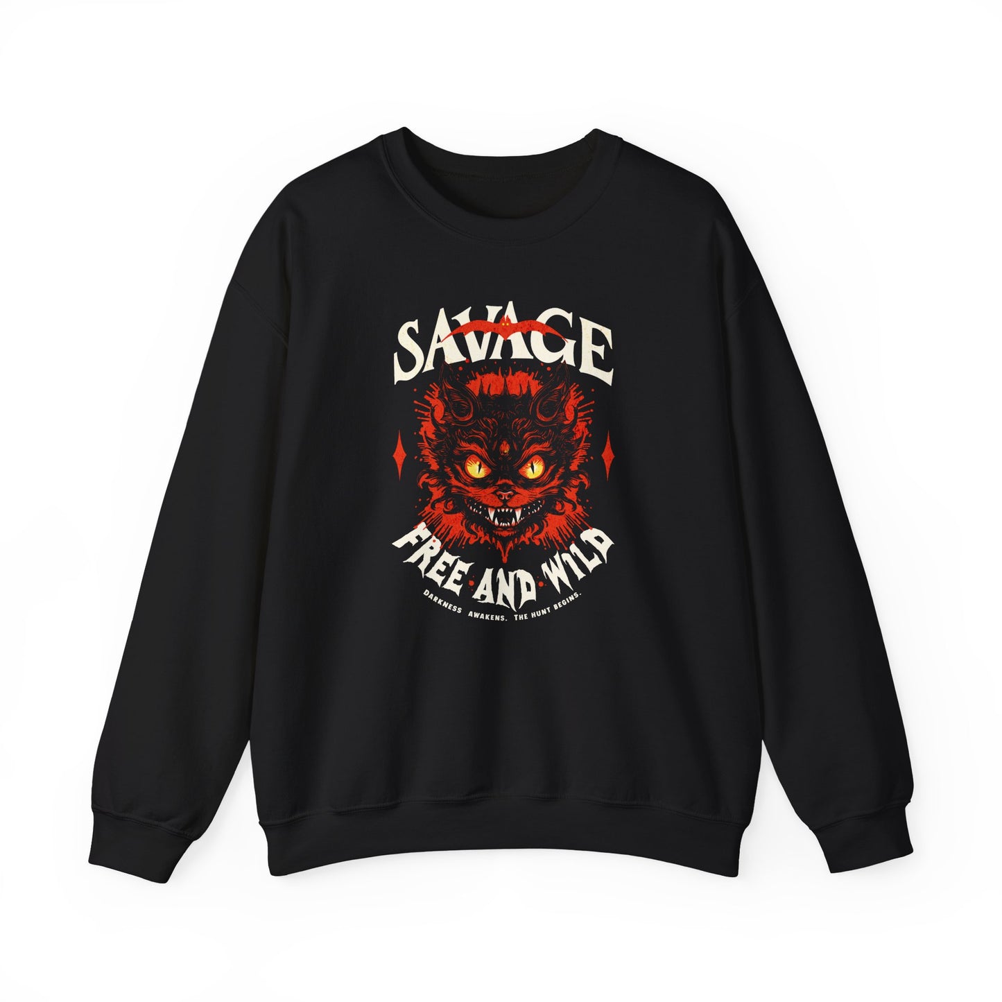black Unisex “Savage – Wild & Free” sweatshirt by BimBangDesign — cozy fleece crewneck with bold wild spirit print, perfect for everyday wear.