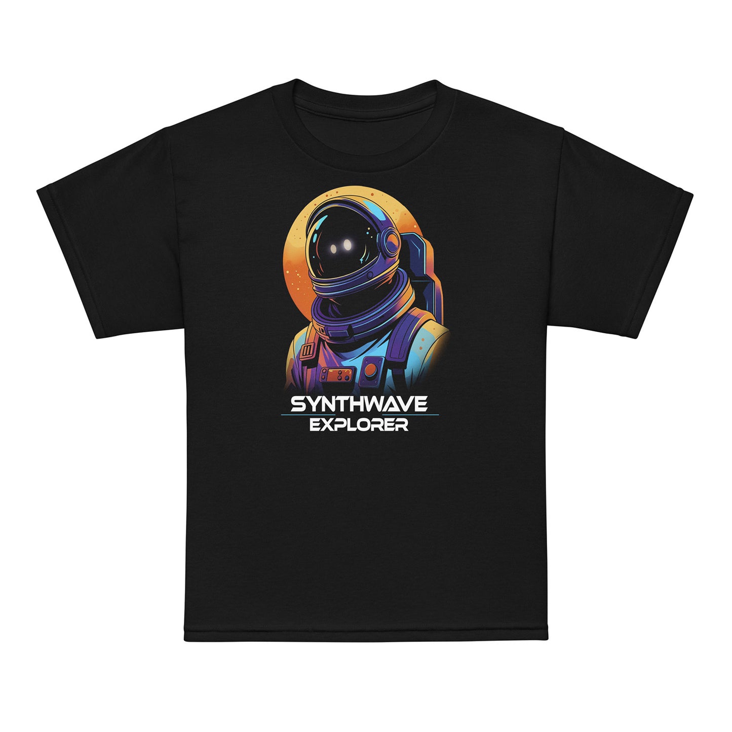 Black Synthwave Explorer kids t-shirt — colorful geometric shapes, neon retro design by BimBangDesign