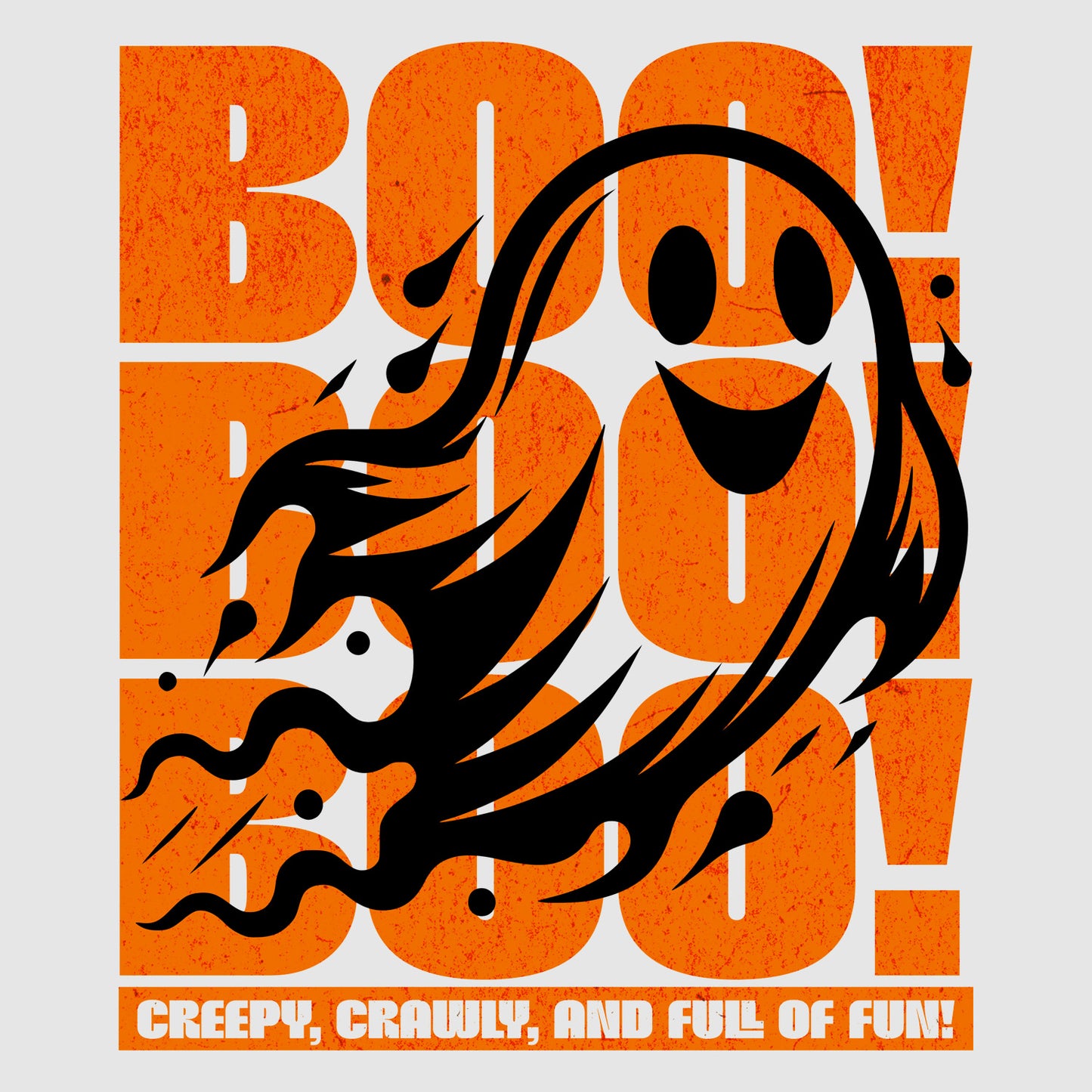 Kids “Boo Boo Boo” Halloween t-shirt details, featuring a cute vintage ghost illustration — fun, comfy tee for trick-or-treating and everyday wear. BimBangDesign