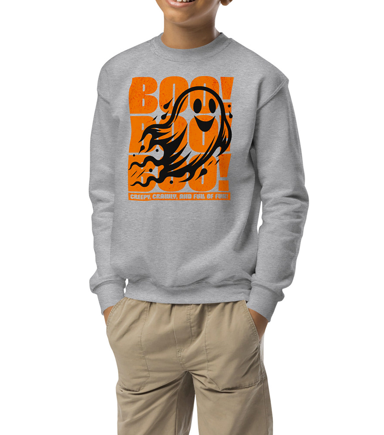 Front view of Boo Boo Boo sweatshirt for kids – playful spooky season ghost print by BimBangDesign