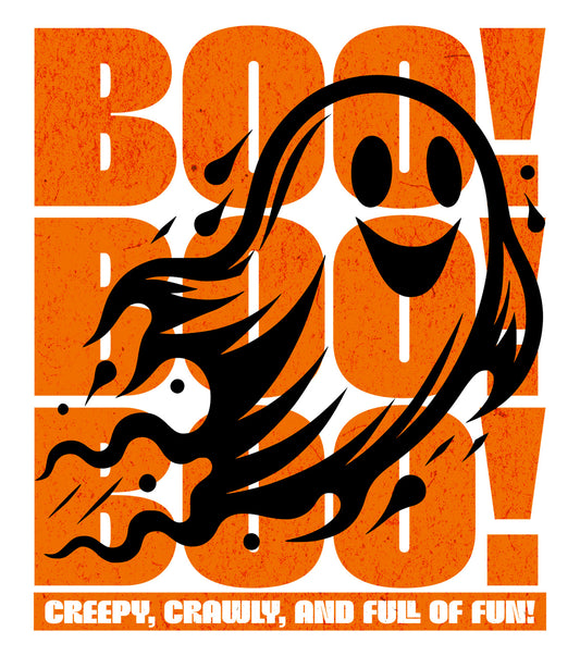 Details of Playful ghost design with triple “Boo” text – fun Halloween unisex t-shirt by BimBangDesign.