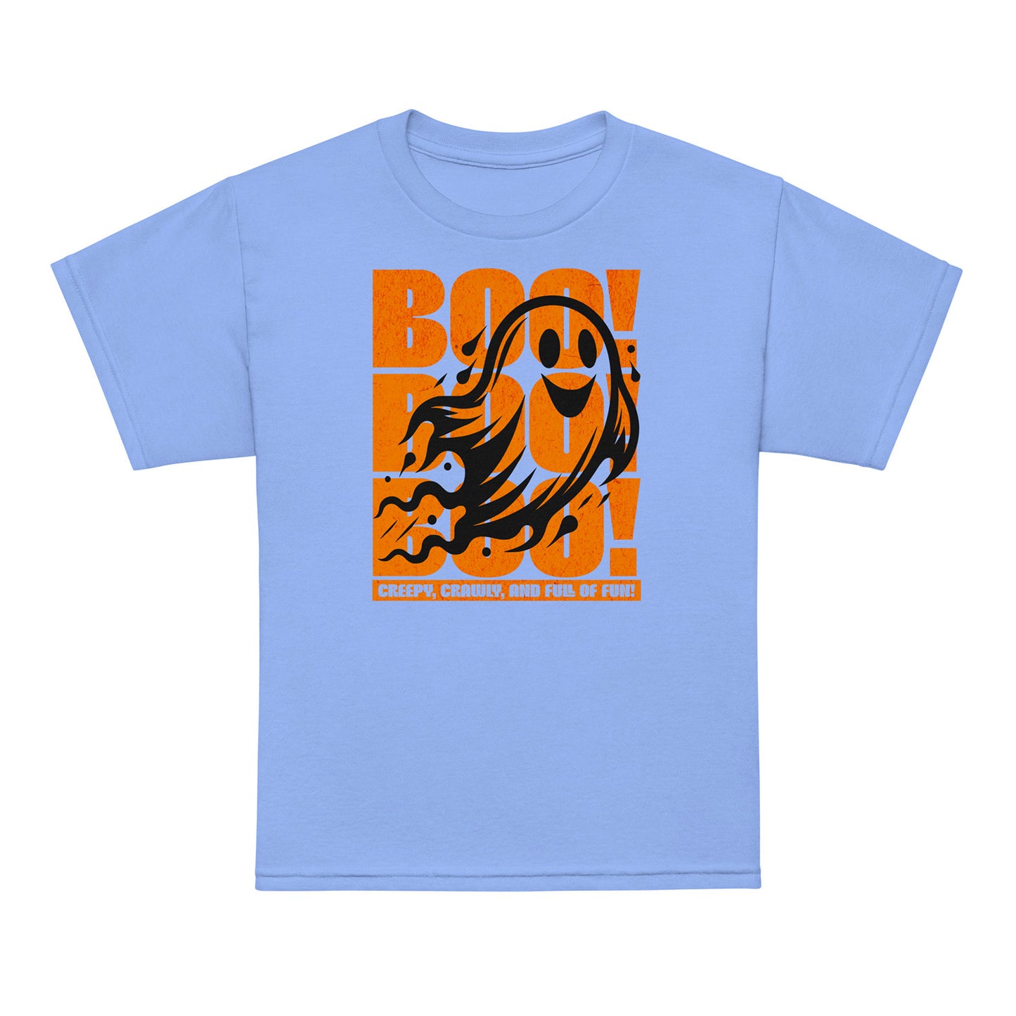 Carolina Blue Kids “Boo Boo Boo” Halloween t-shirt featuring a cute vintage ghost illustration — fun, comfy tee for trick-or-treating and everyday wear. BimBangDesign