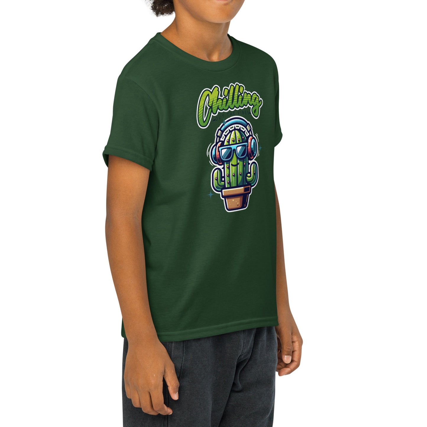 Forest Green Chilling Out the Vibes Fun music-themed kids tee with cartoon cactus design, BimBangDesign