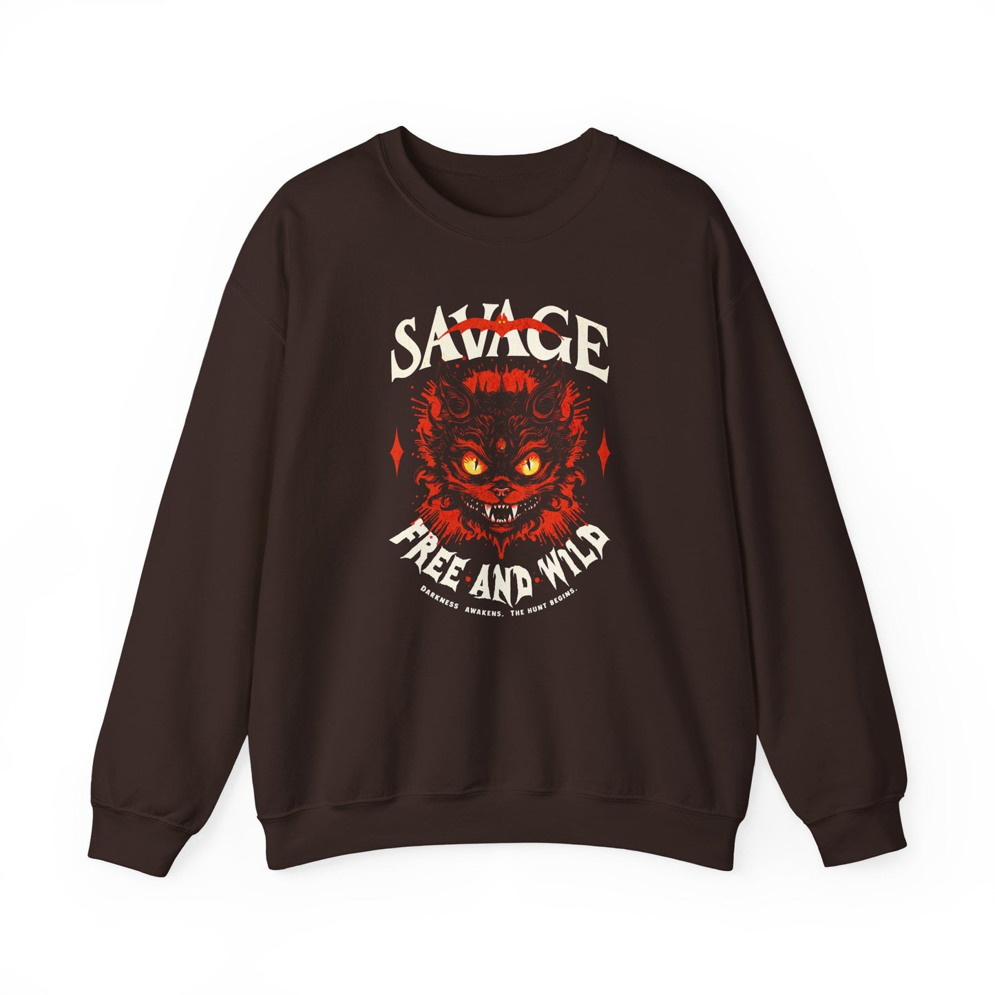 dark chocolate Unisex “Savage – Wild & Free” sweatshirt by BimBangDesign — cozy fleece crewneck with bold wild spirit print, perfect for everyday wear.