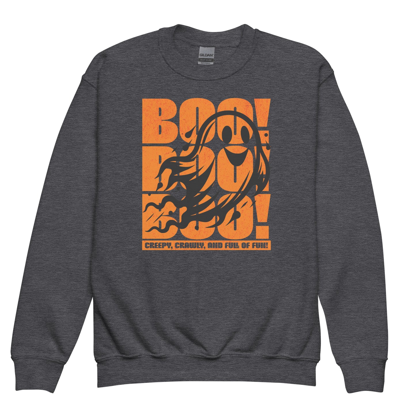 Dark Heather Front view of Boo Boo Boo sweatshirt for kids – playful spooky season ghost print by BimBangDesign