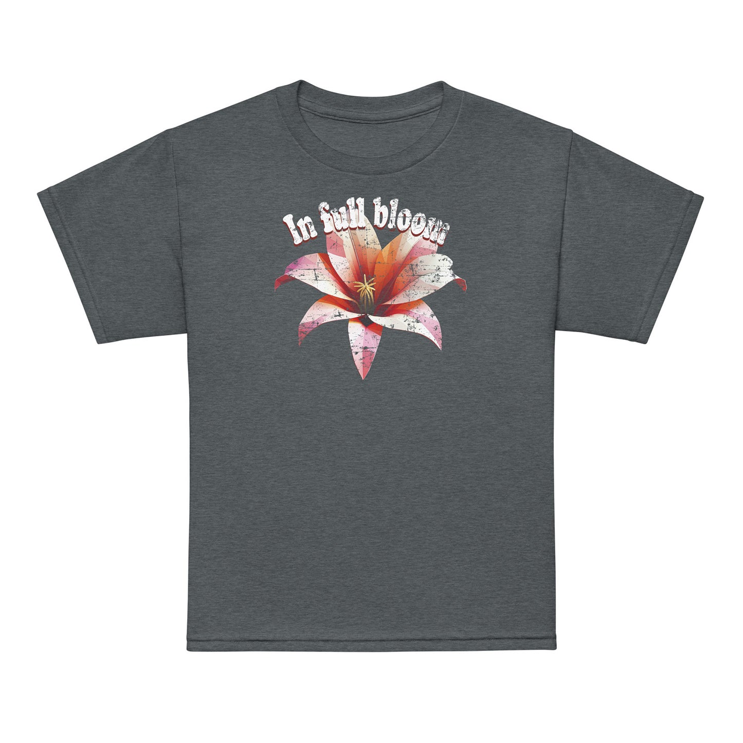 Dark Heather In Full Bloom kids t-shirt – floral print – Gildan 8000B youth tee by BimBangDesign