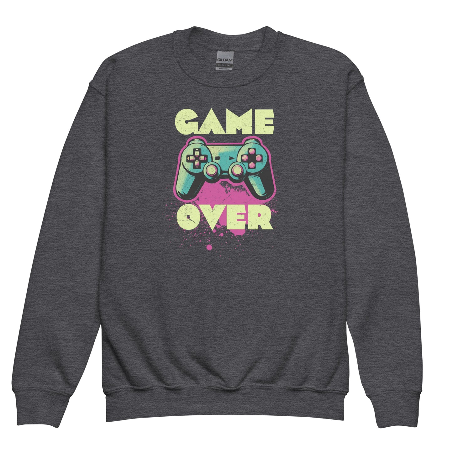 Dark Heather Kid wearing Game Over of Gildan 18000B sweatshirt – retro gaming design by BimBangDesign