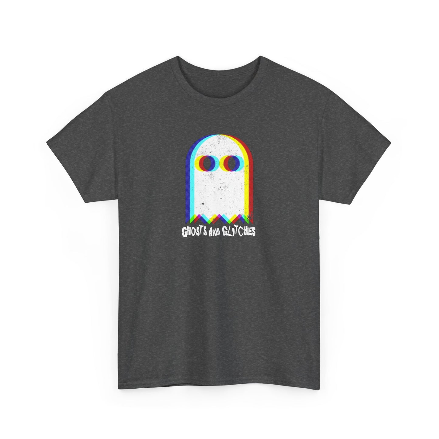 Dark Heather Unisex “Ghosts and Glitches” t-shirt featuring pixel ghosts and retro video game design — Halloween gamer tee for fun, casual wear.