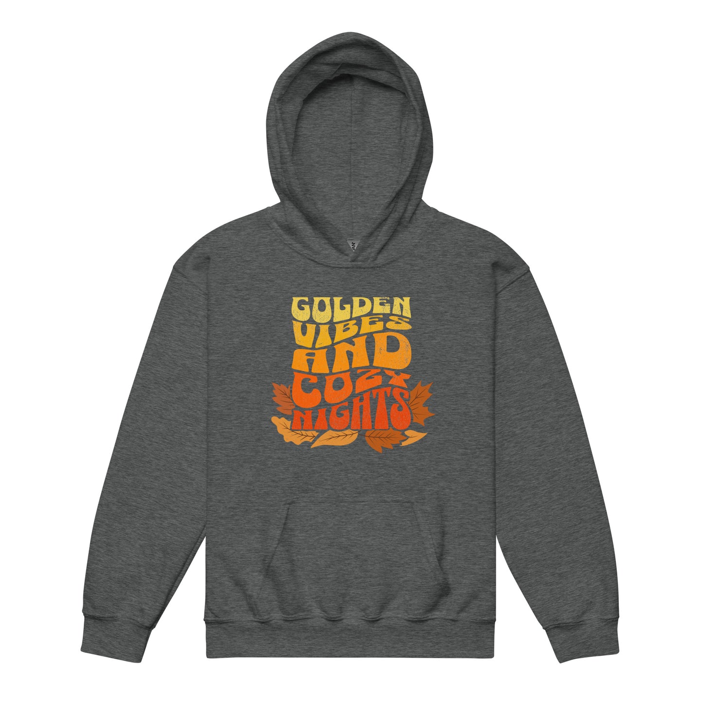Dark Heather Kids hoodie with colorful “Golden Vibes and Cozy Nights” text and autumn leaves illustration. Cozy fall sweatshirt for children. BimBangDesign