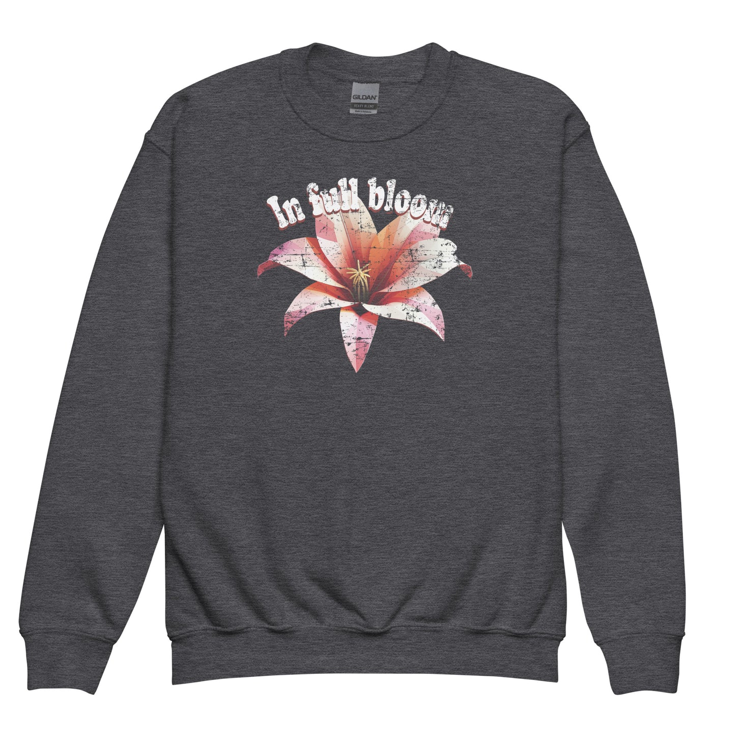 Dark Heather In Full Bloom Gildan 18000B kids sweatshirt details – colorful floral positive vibes design by BimBangDesign