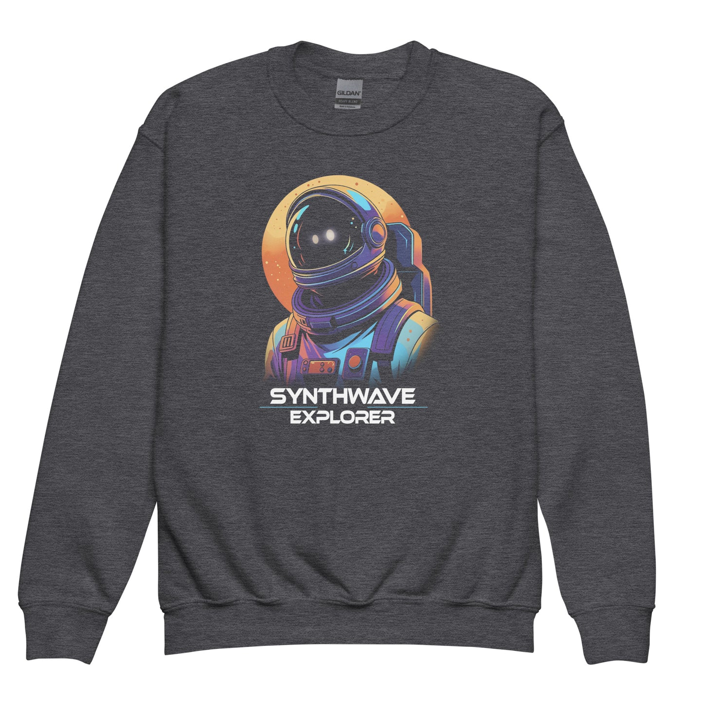 Synthwave Explorer print on a Dark Heather Gildan 18000B kids sweatshirt with sunset and space man design by BimBangDesign