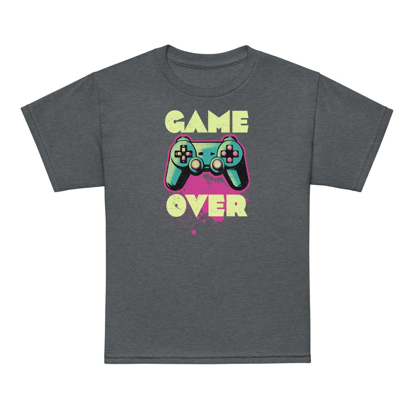 Dark Heather Game Over kids t-shirt – with bold retro gamer style – BimBangDesign