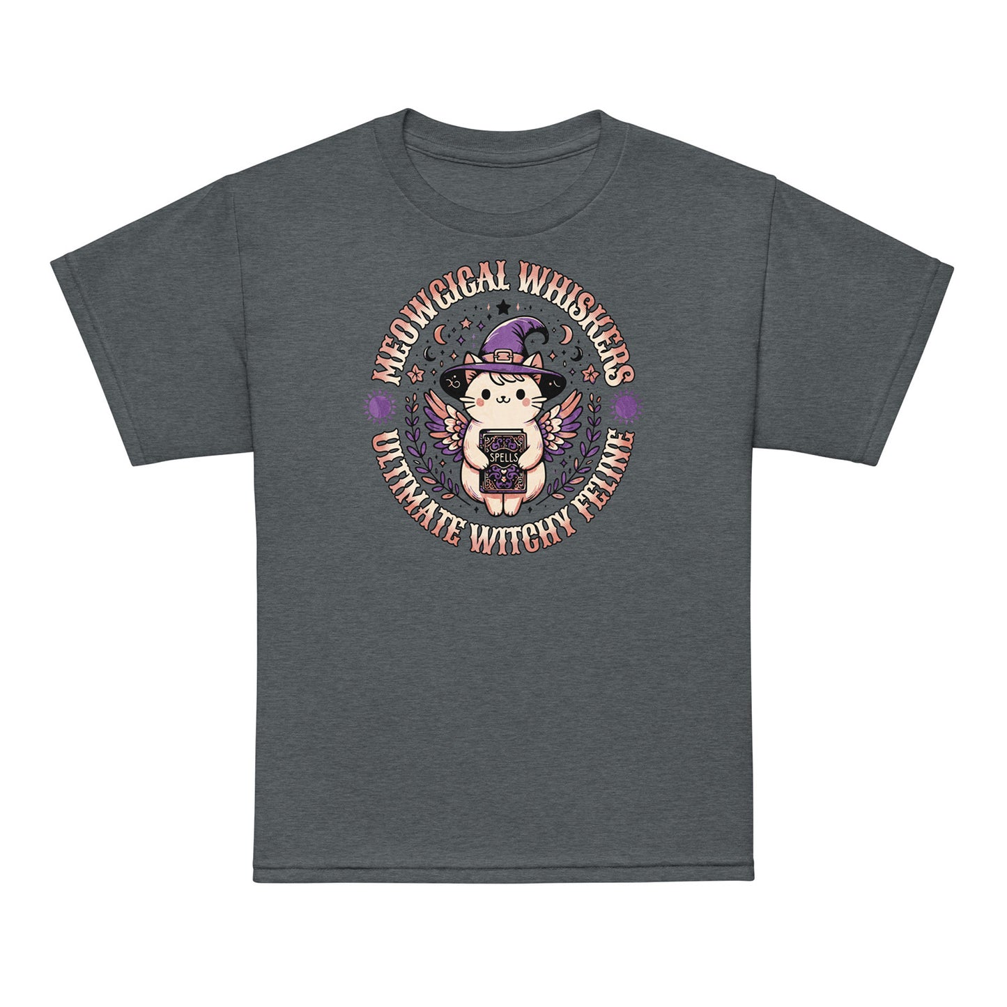 Dark Heather Kids t-shirt Meow Magical Witchy Cat – cute witch cat design by BimBangDesign