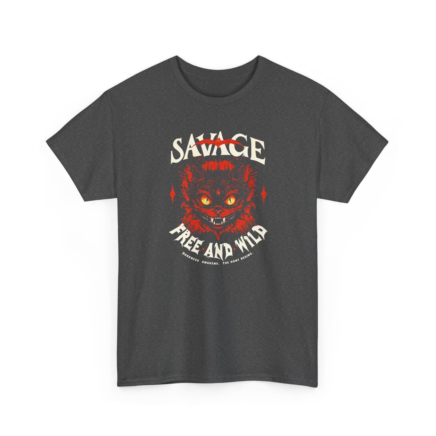 dark heather Unisex “Savage – Wild & Free” t-shirt by BimBangDesign — cozy fleece tee with bold wild spirit print, perfect for everyday wear.