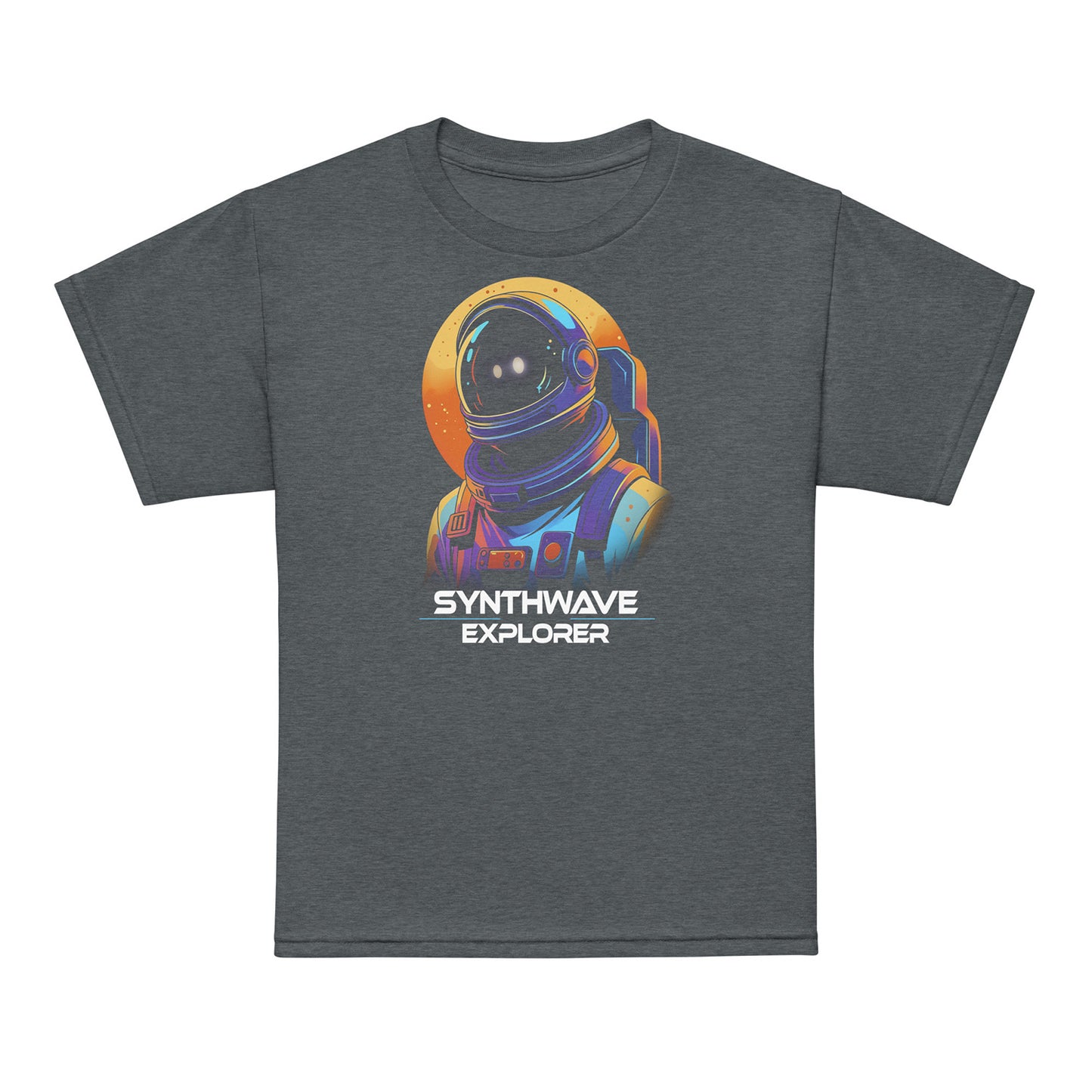 Dark Heather Synthwave Explorer kids t-shirt — colorful geometric shapes, neon retro design by BimBangDesign