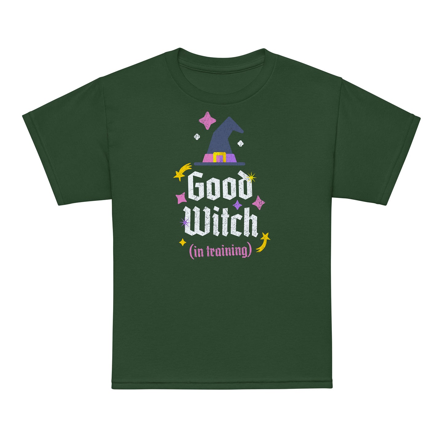 Forest Green Good Witch In Training kids t-shirt — pink and yellow stars design