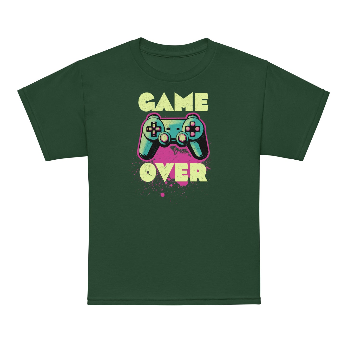 Forest Green Game Over kids t-shirt – with bold retro gamer style – BimBangDesign