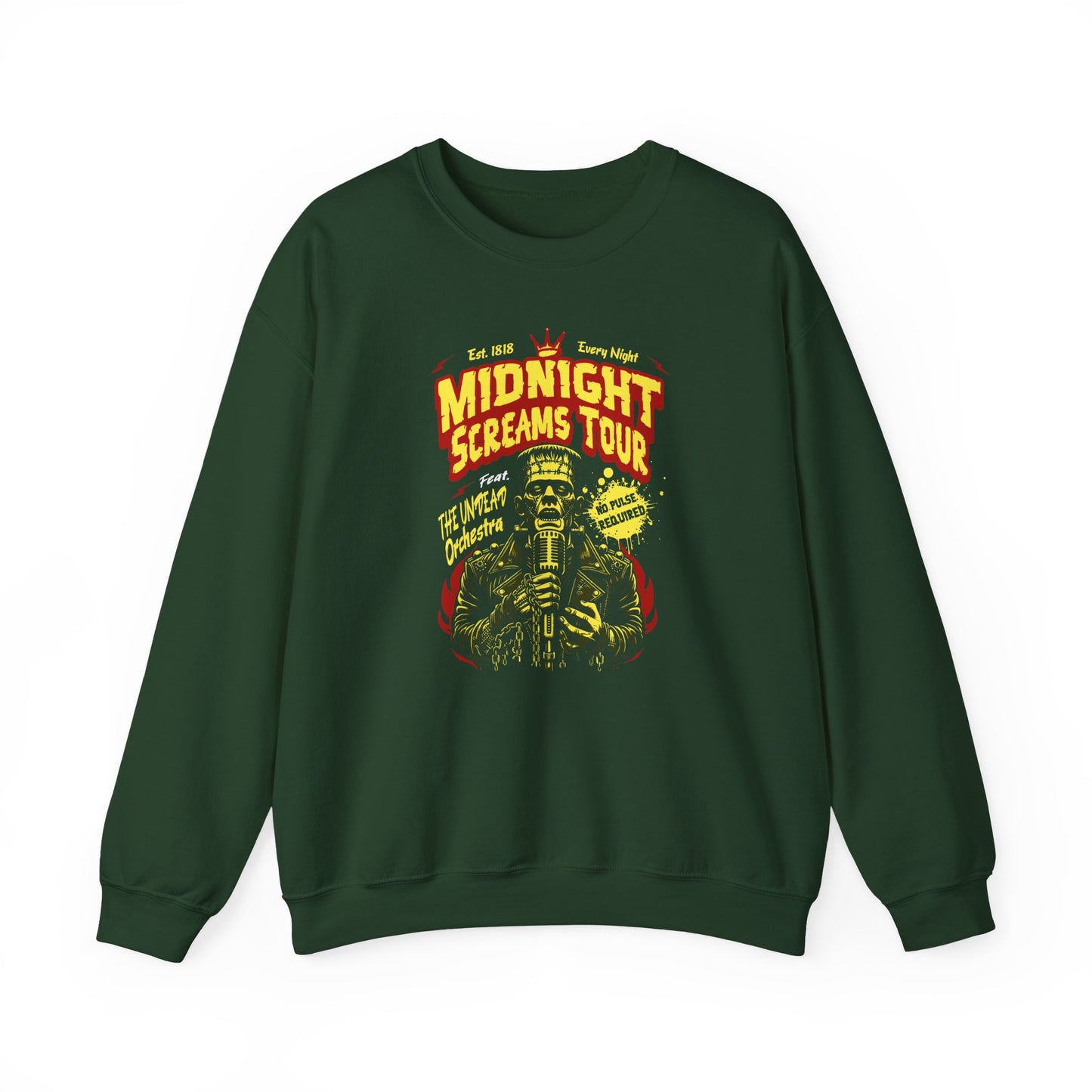 Forest Green Midnight Screams Tour sweatshirt – Frankenstein concert design – BimBangDesign