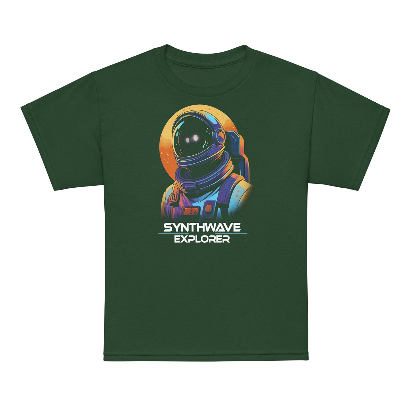Forest Green Synthwave Explorer kids t-shirt — colorful geometric shapes, neon retro design by BimBangDesign