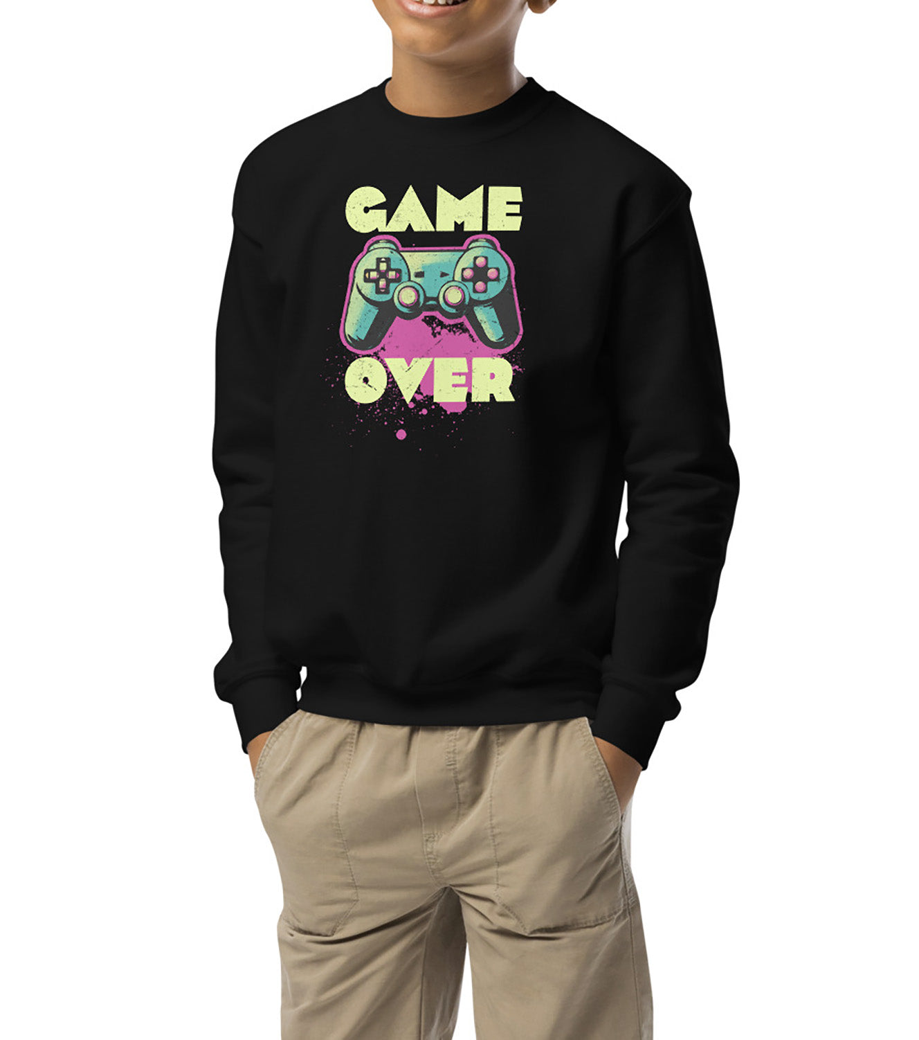 Kid wearing Game Over of Gildan 18000B sweatshirt – retro gaming design by BimBangDesign