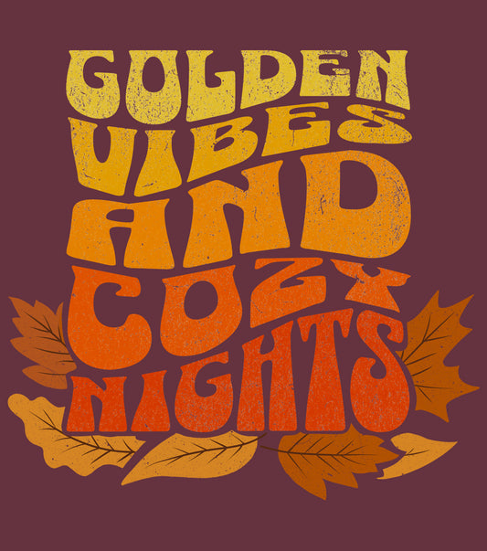 Hoodie details of “Golden Vibes and Cozy Nights” text in yellow-to-orange gradient and autumn leafs BimBangDesign