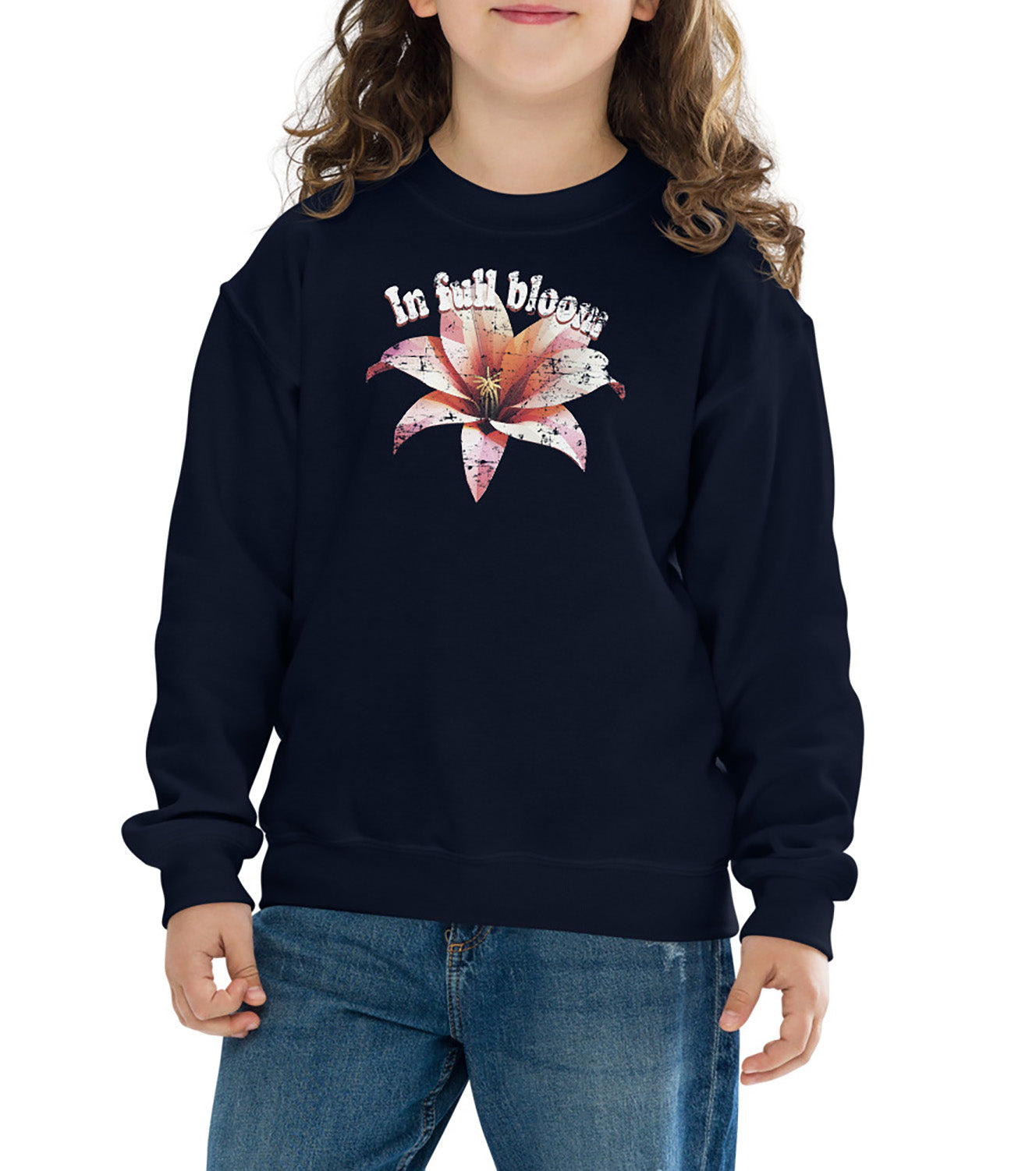 In Full Bloom Gildan 18000B kids sweatshirt – colorful floral positive vibes design by BimBangDesign
