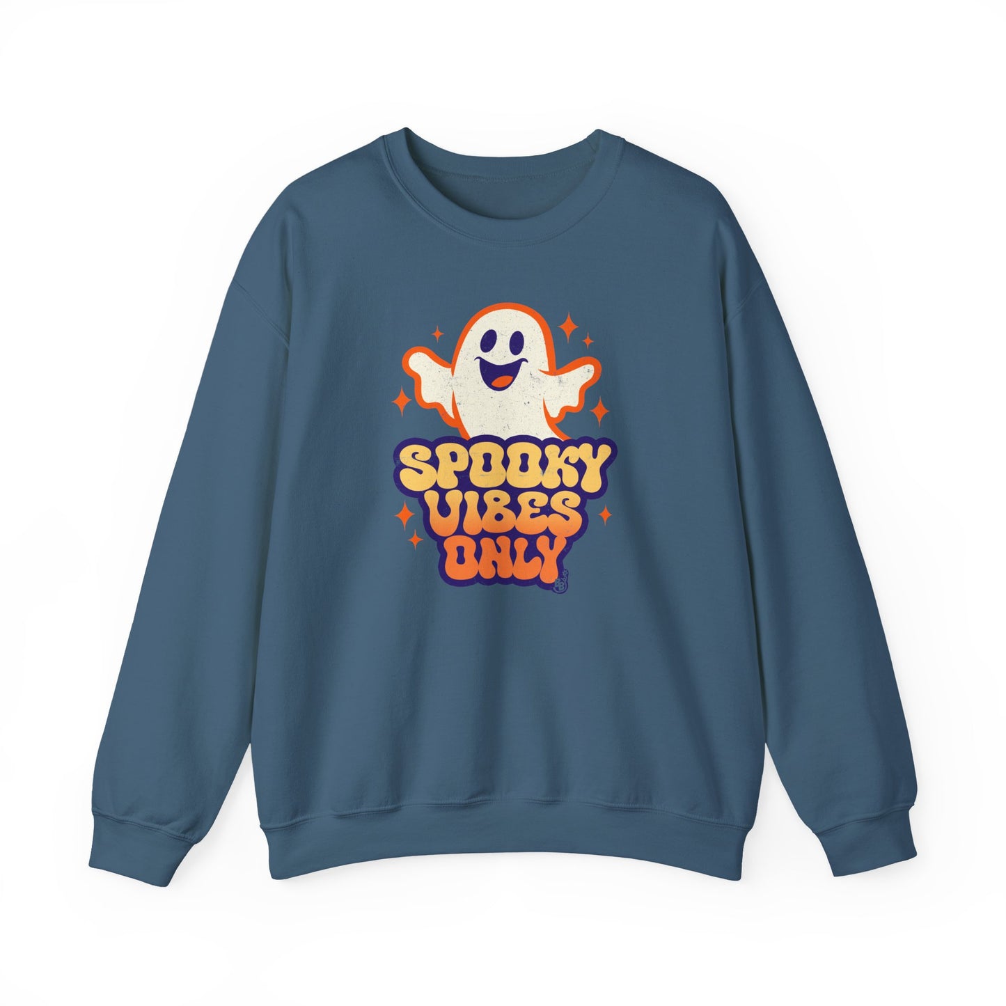 Indigo Blue Spooky Vibes Only sweatshirt with funny ghost art for adults that love vintage halloween cartoon BimBangDesign