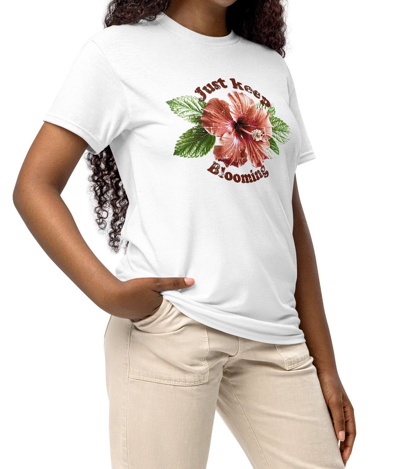 White Keep Blooming floral t-shirt with soft tones and empowering vibe worn by a soft empowerment fan BimBangDesign
