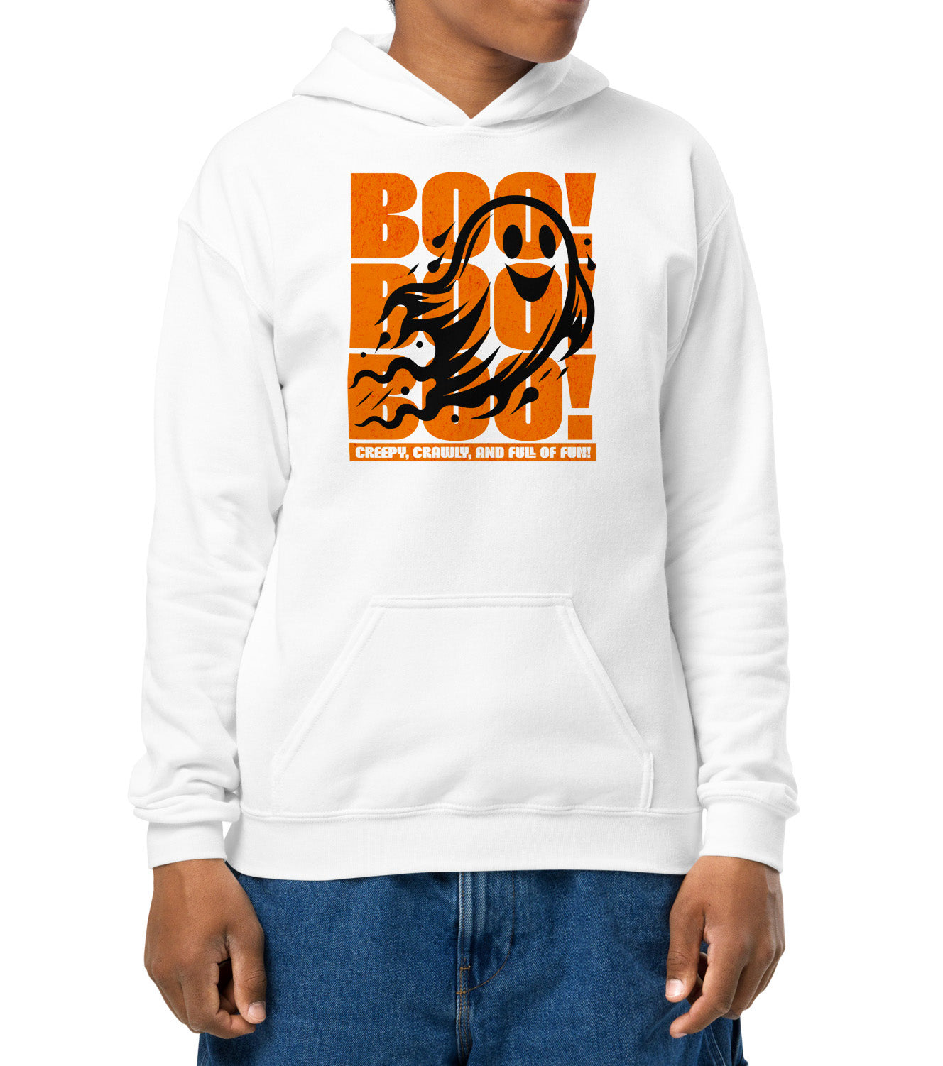 Kids wearing the “Boo Boo Boo” Halloween hoodie – cute ghost design on black Gildan sweatshirt BimBangDesign