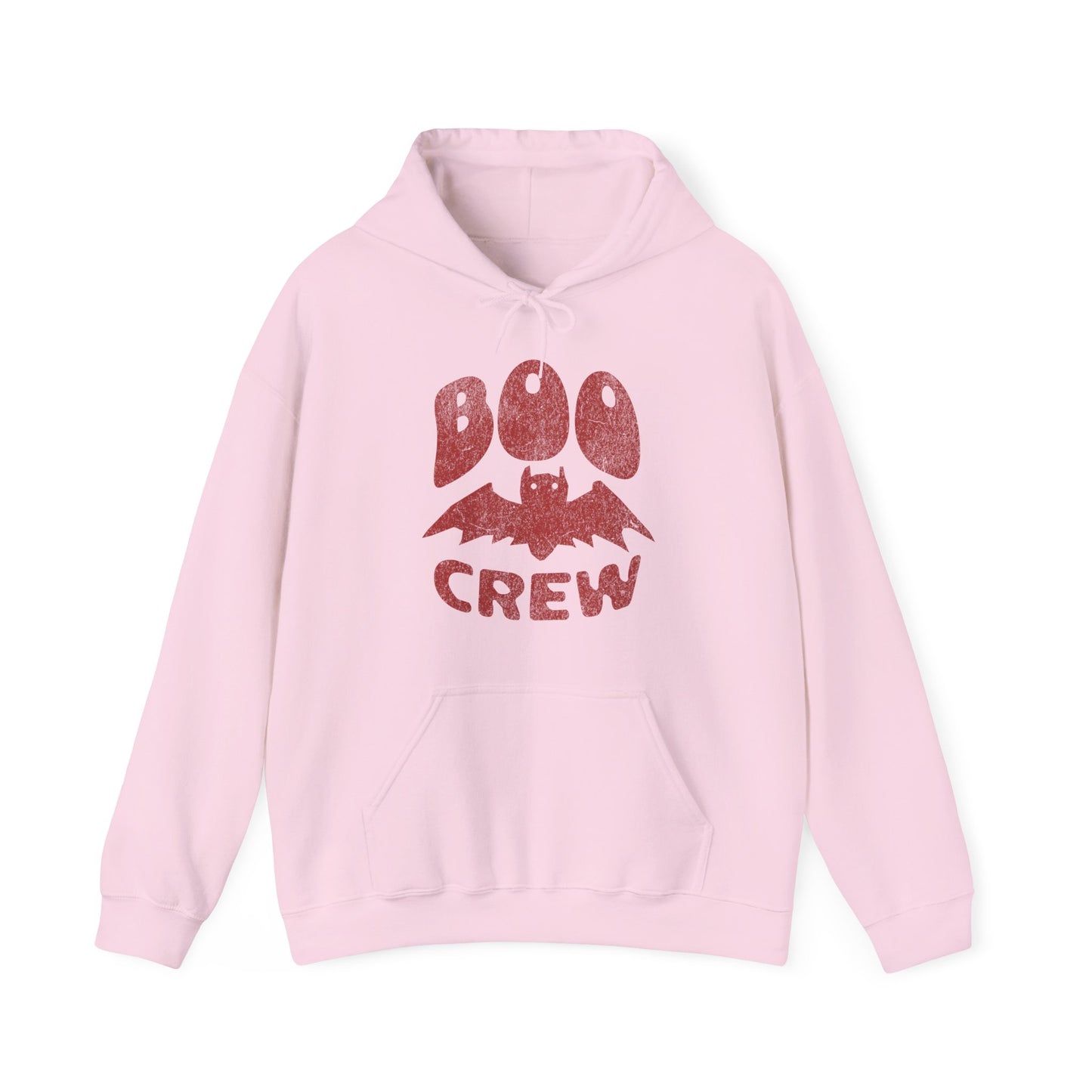 Light Pink Boo Crew Halloween hoodie with cute bat illustration – cozy unisex fall pullover by BimBangDesign