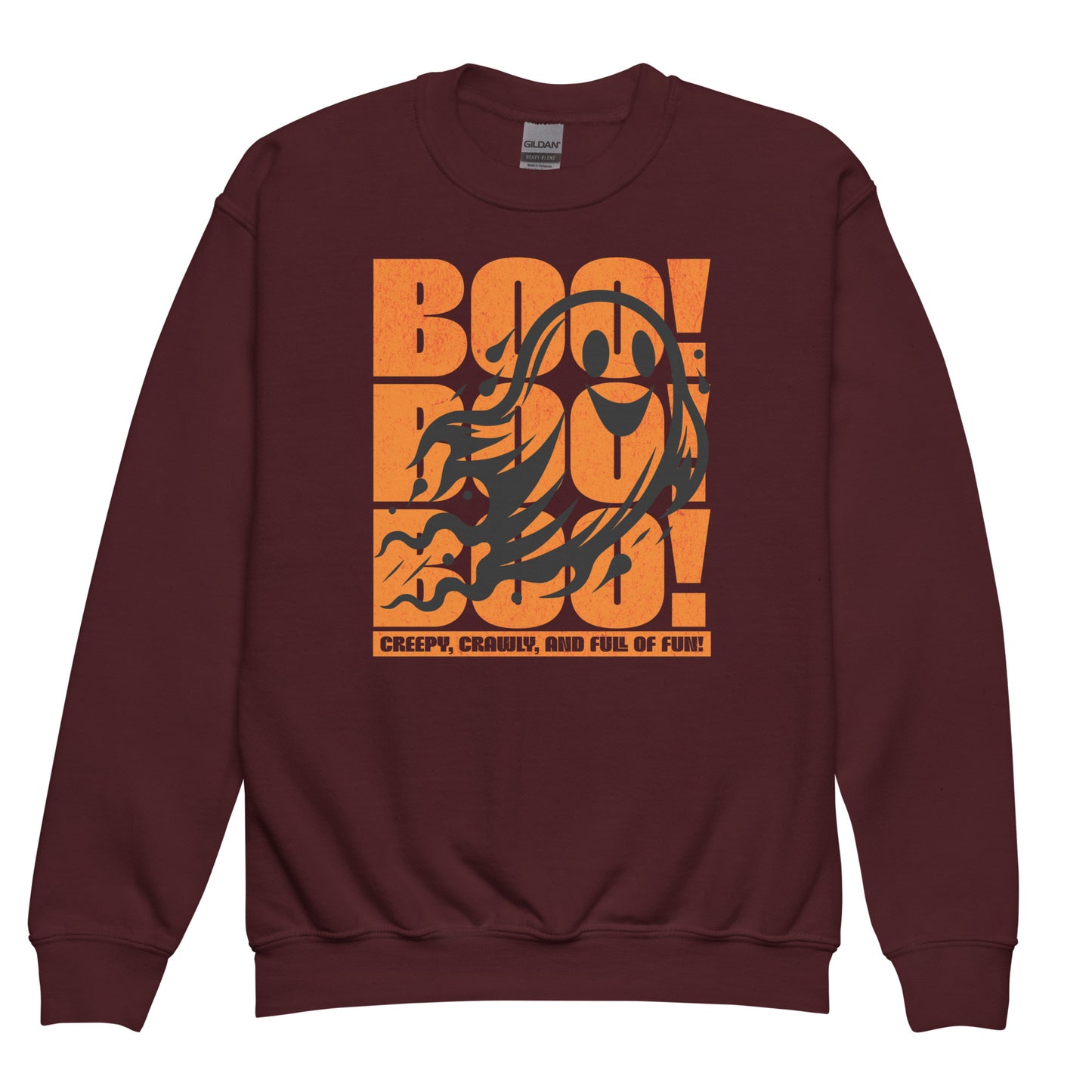 Maroon Front view of Boo Boo Boo sweatshirt for kids – playful spooky season ghost print by BimBangDesign