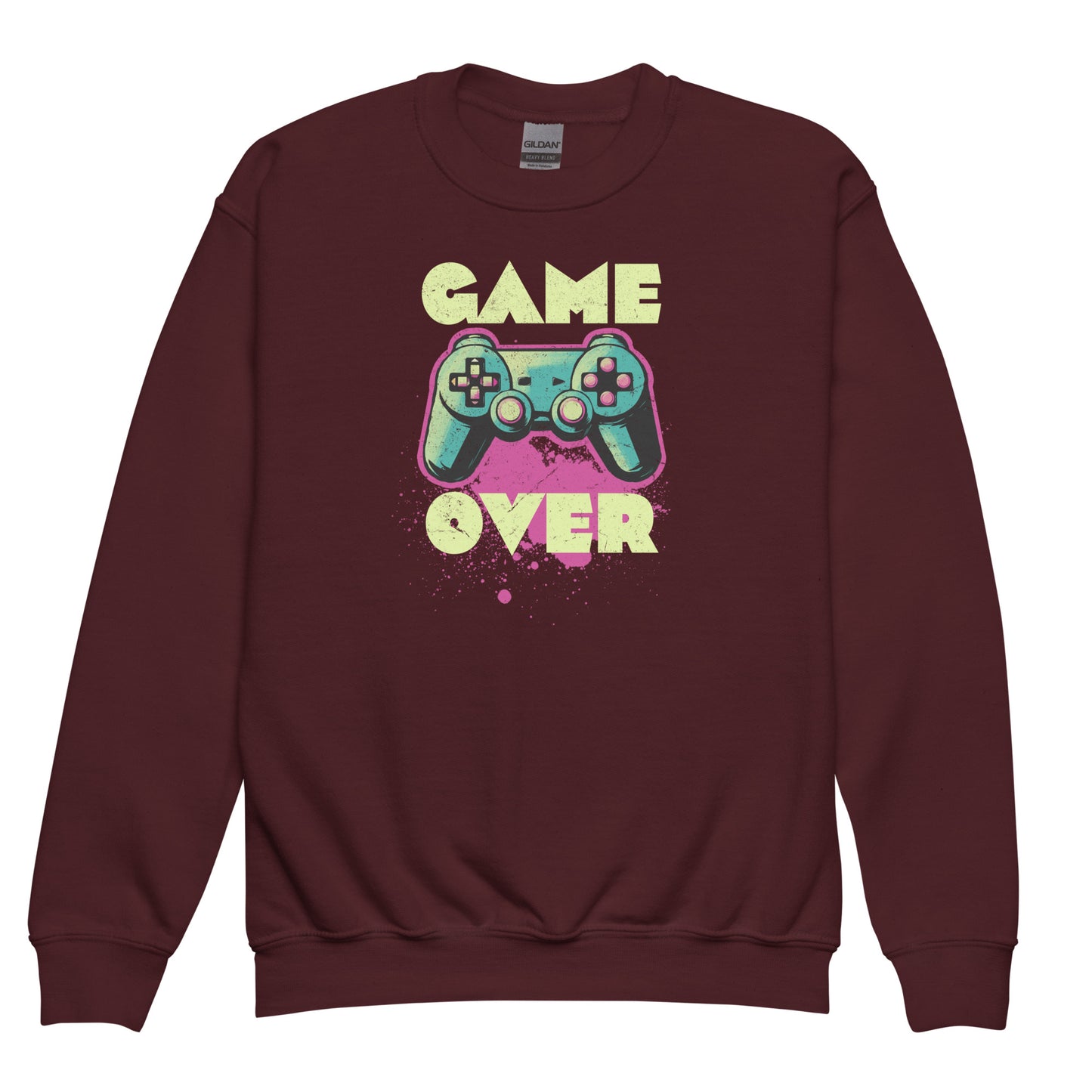 Maroon Kid wearing Game Over of Gildan 18000B sweatshirt – retro gaming design by BimBangDesign