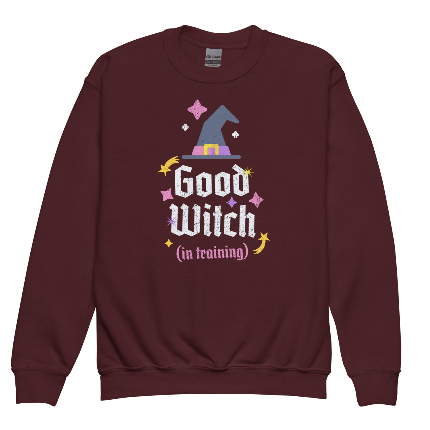 Maroon Good Witch in Training kids sweatshirt – cool witchy design with stars and sparkles BimBangDesign