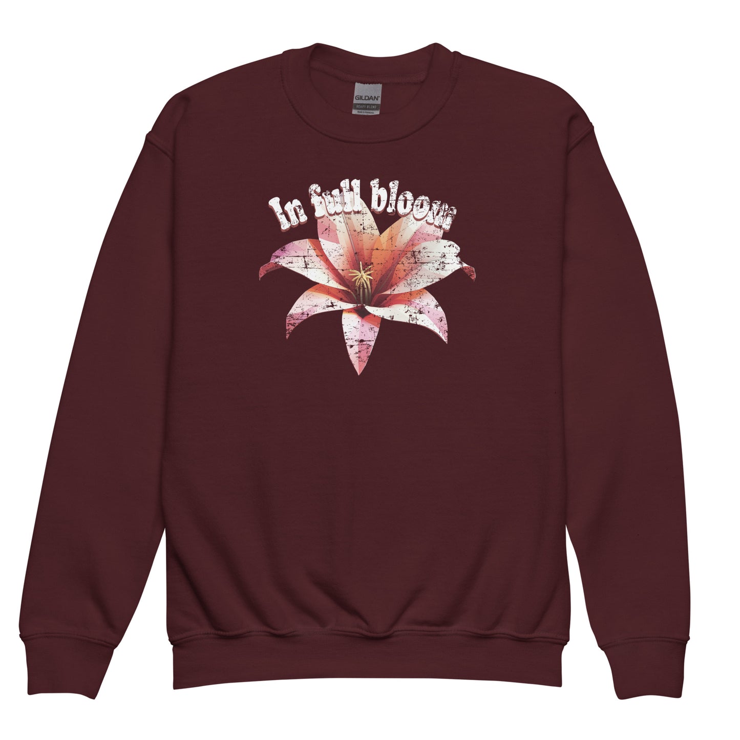 Maroon In Full Bloom Gildan 18000B kids sweatshirt details – colorful floral positive vibes design by BimBangDesign
