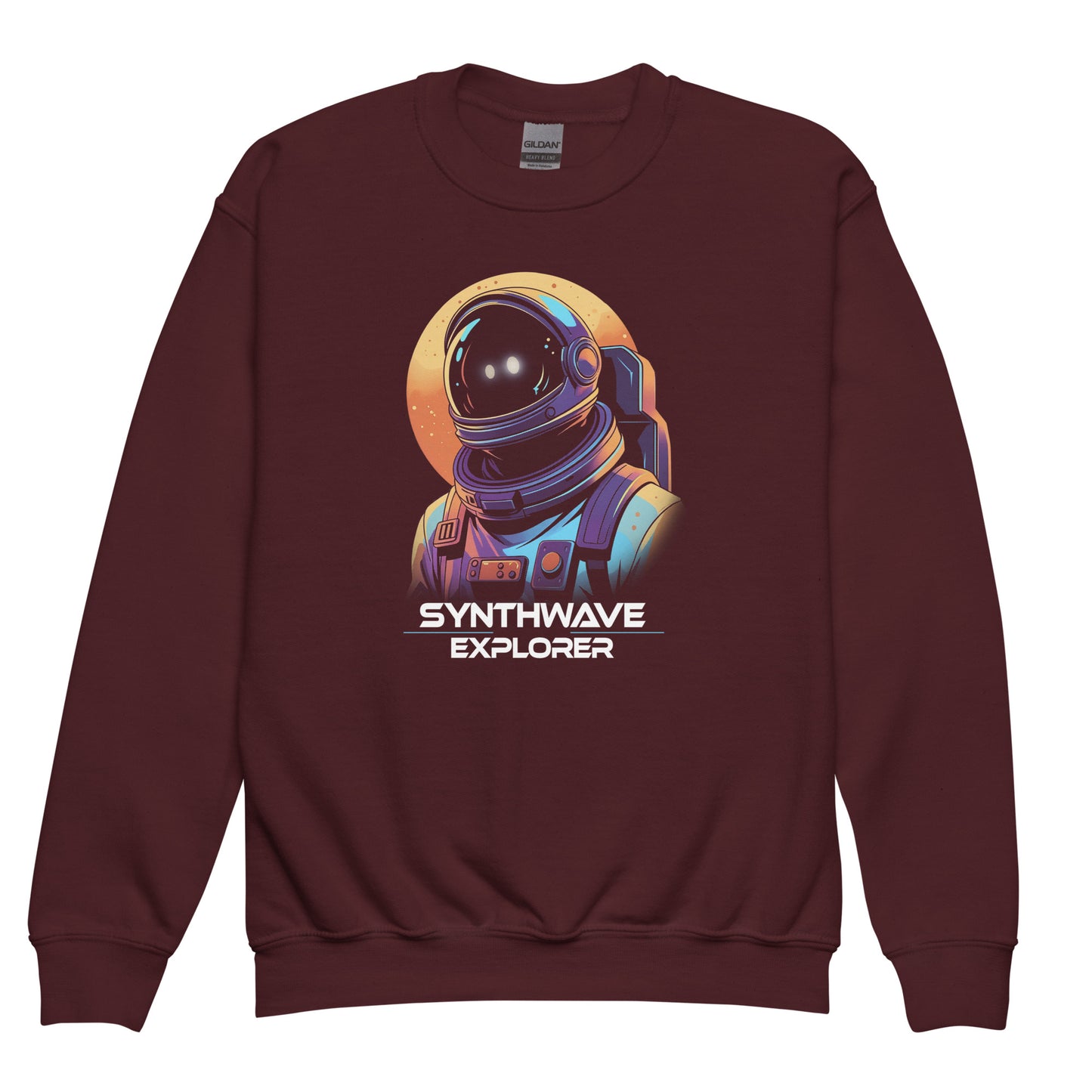 Synthwave Explorer print on a Maroon Gildan 18000B kids sweatshirt with sunset and space man design by BimBangDesign