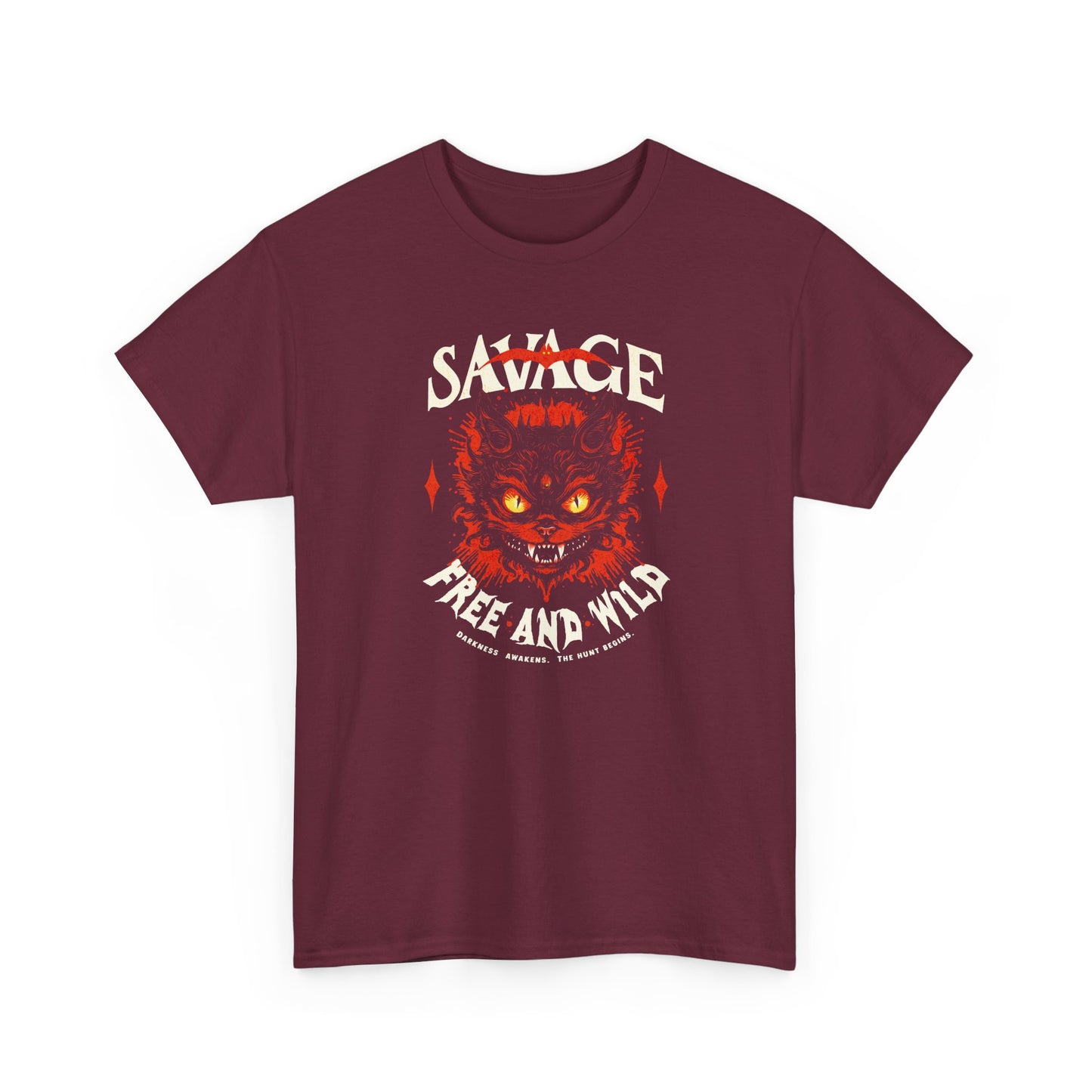 maroon Unisex “Savage – Wild & Free” t-shirt by BimBangDesign — cozy fleece tee with bold wild spirit print, perfect for everyday wear.