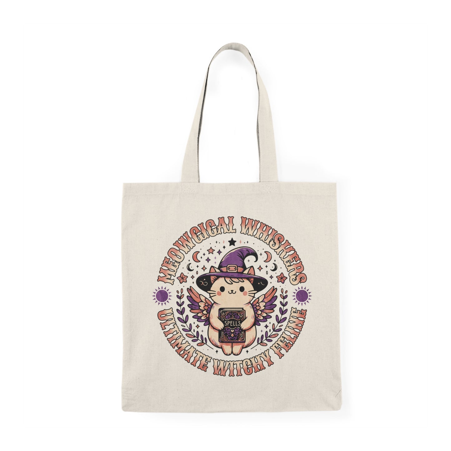 Meow Magical Witchy Cat tote bag featuring cute cat with witch hat — Halloween tote by BimBangDesign