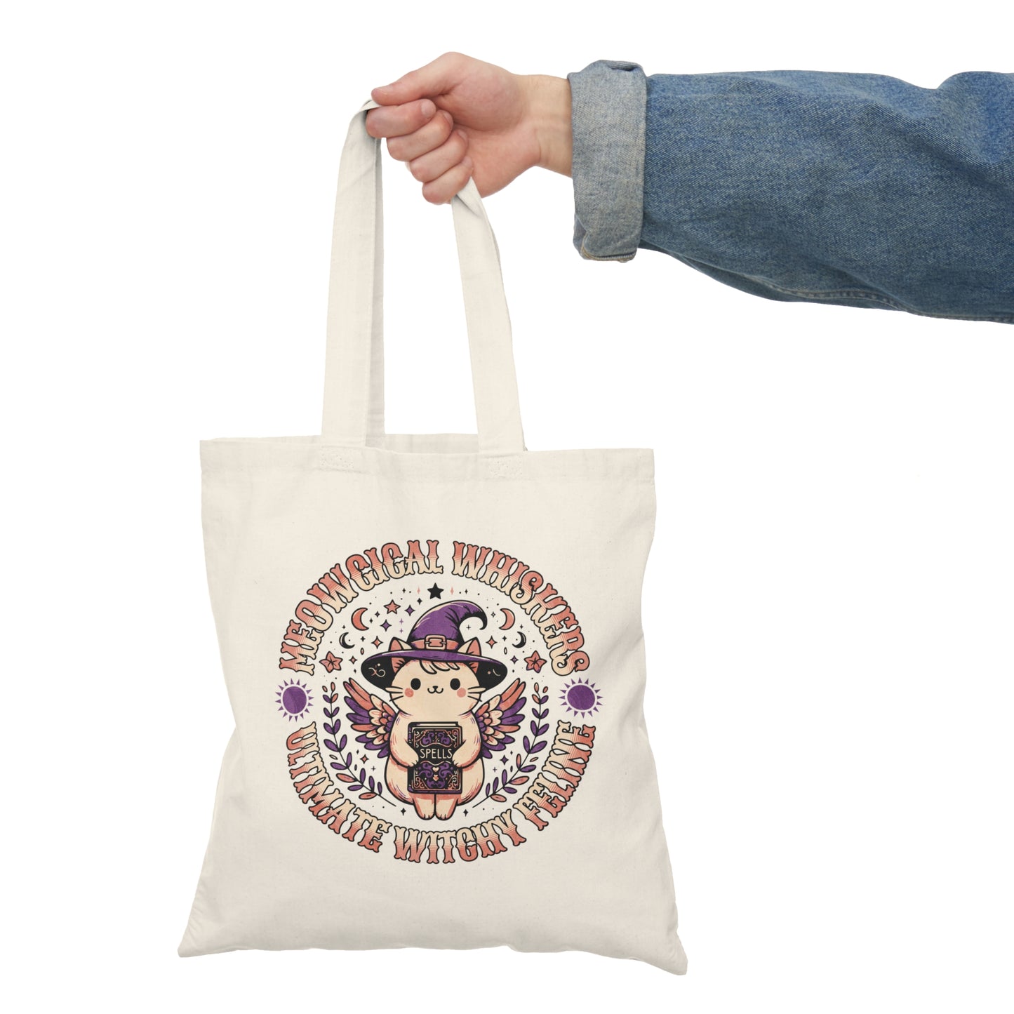 Meow Magical Witchy Cat tote bag featuring cute cat with witch hat — Halloween tote held by a cat lover by BimBangDesign