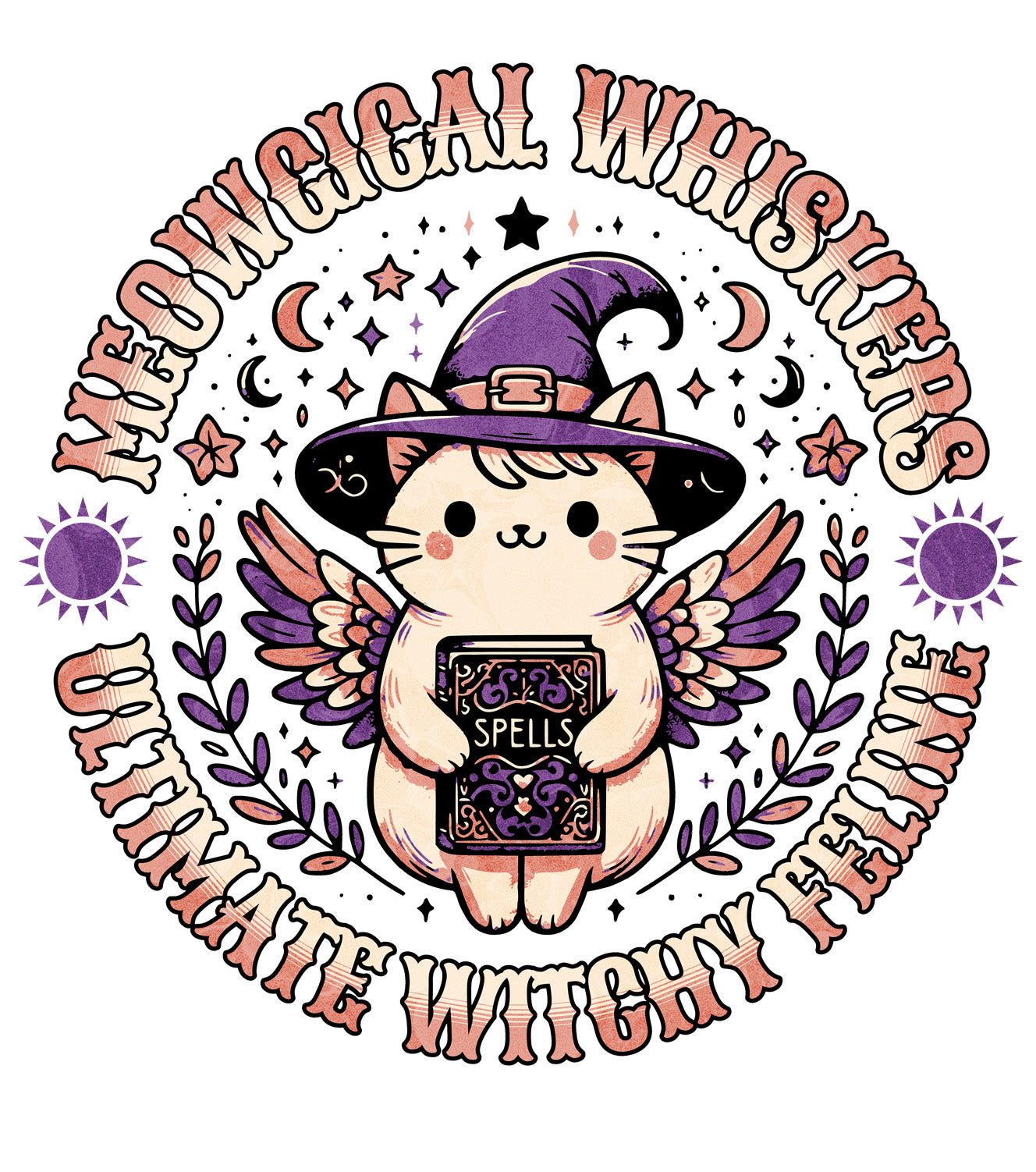 Meow Magical Witchy Cat kids sweatshirt details – cute little cat with witch hat, sparkles and stars by BimBangDesign