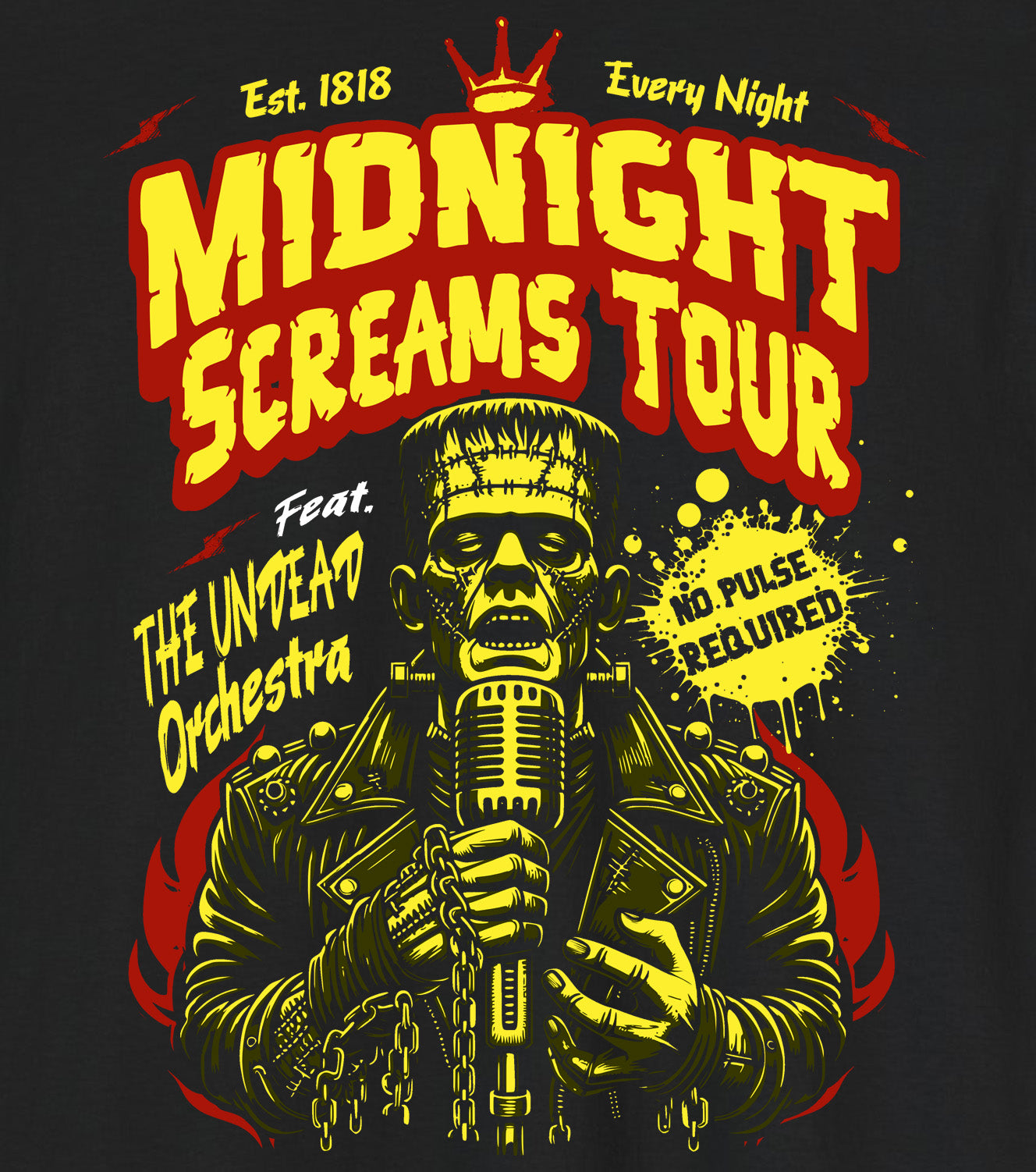 Midnight Screams Tour t-shirt details– Frankenstein concert poster design – BimBangDesign