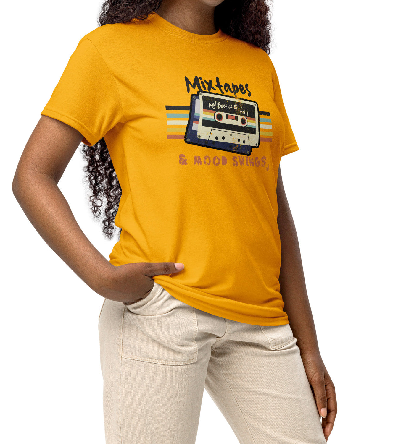Gold Mixtapes & Mood Swings T-shirt in vintage typography worn by a nostalgic vibes fan BimBangDesign