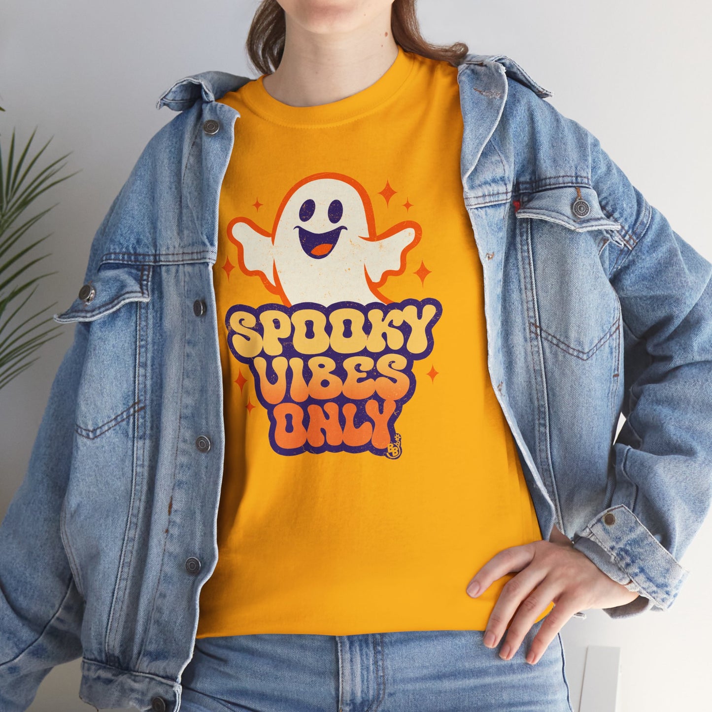Spooky vibes only t-shirt worn by a halloween and cartoon ghost Fan BimBangDesign