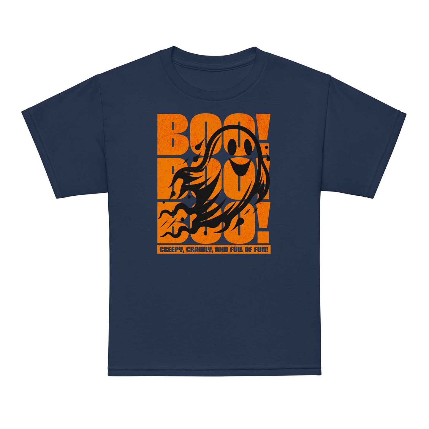 Navy Kids “Boo Boo Boo” Halloween t-shirt featuring a cute vintage ghost illustration — fun, comfy tee for trick-or-treating and everyday wear. BimBangDesign