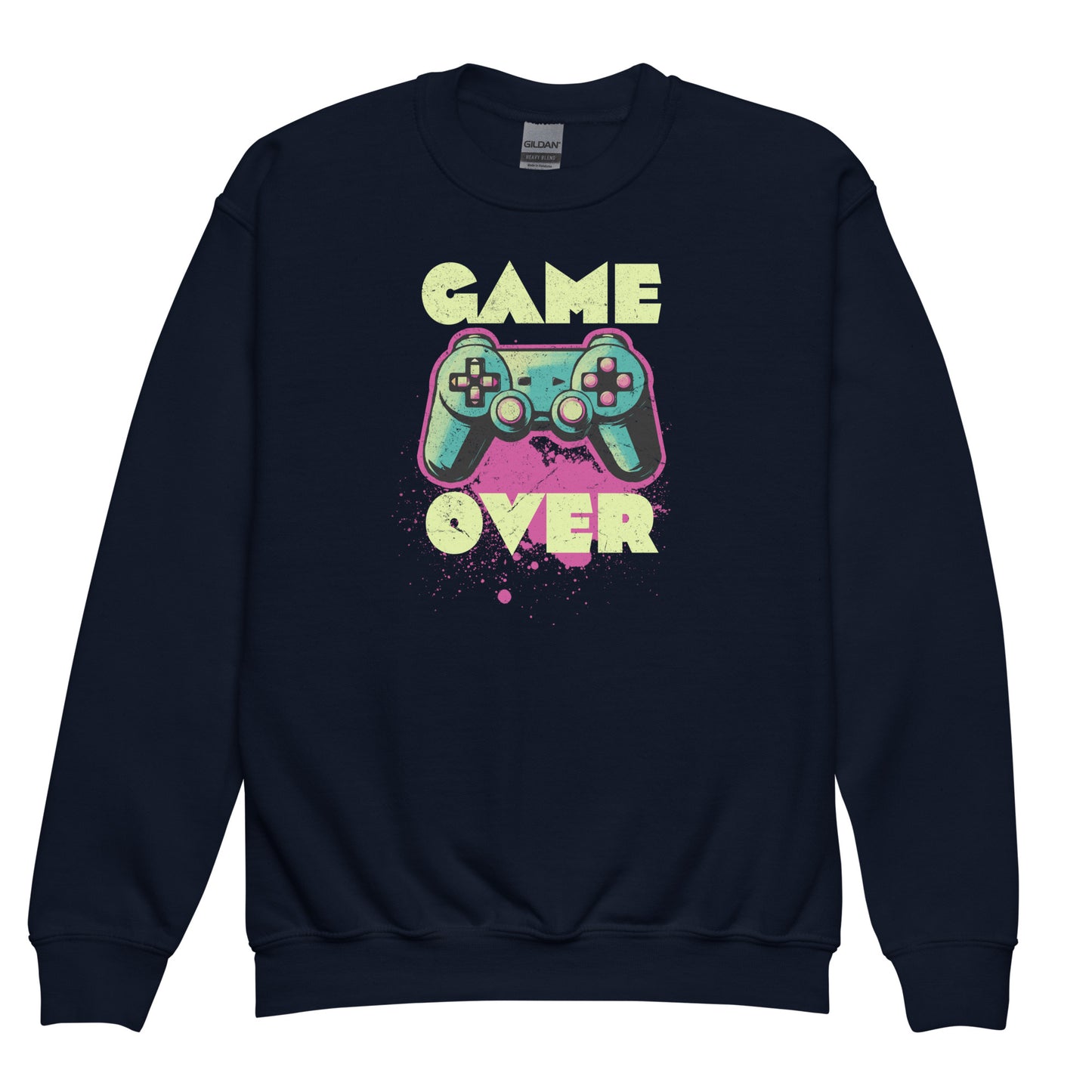 Navy Kid wearing Game Over of Gildan 18000B sweatshirt – retro gaming design by BimBangDesign