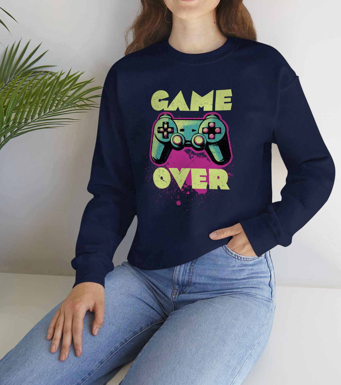 Navy Game Over sweatshirt retro neon colors art worn by a retro video games fan BimBangDesign