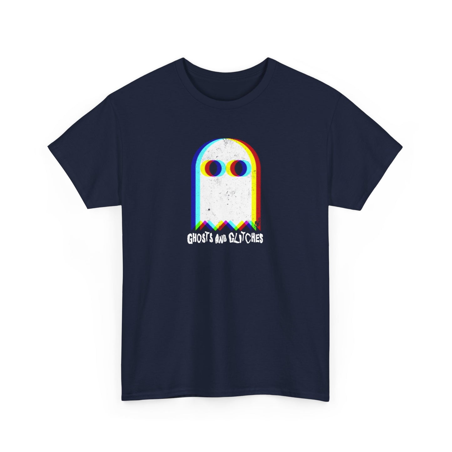 Navy Unisex “Ghosts and Glitches” t-shirt featuring pixel ghosts and retro video game design — Halloween gamer tee for fun, casual wear.