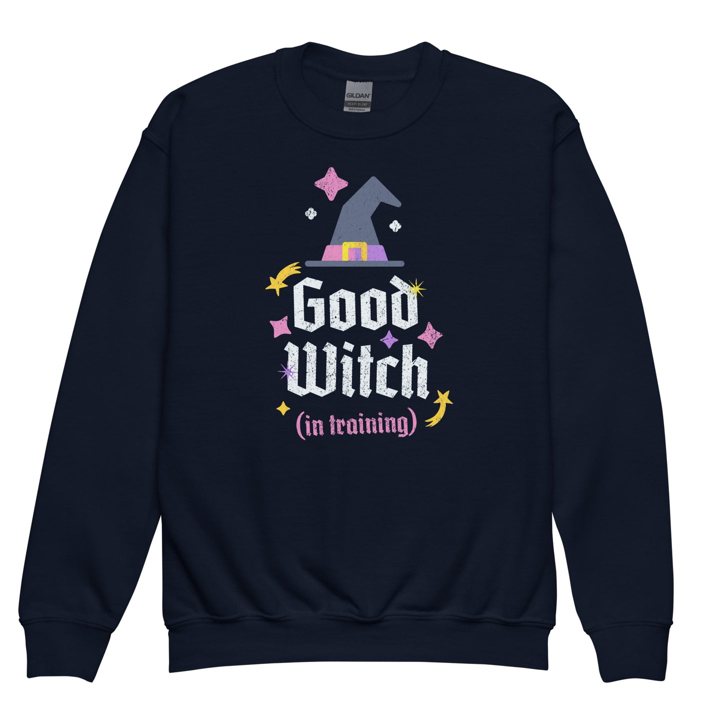 Navy Good Witch in Training kids sweatshirt – cool witchy design with stars and sparkles BimBangDesign