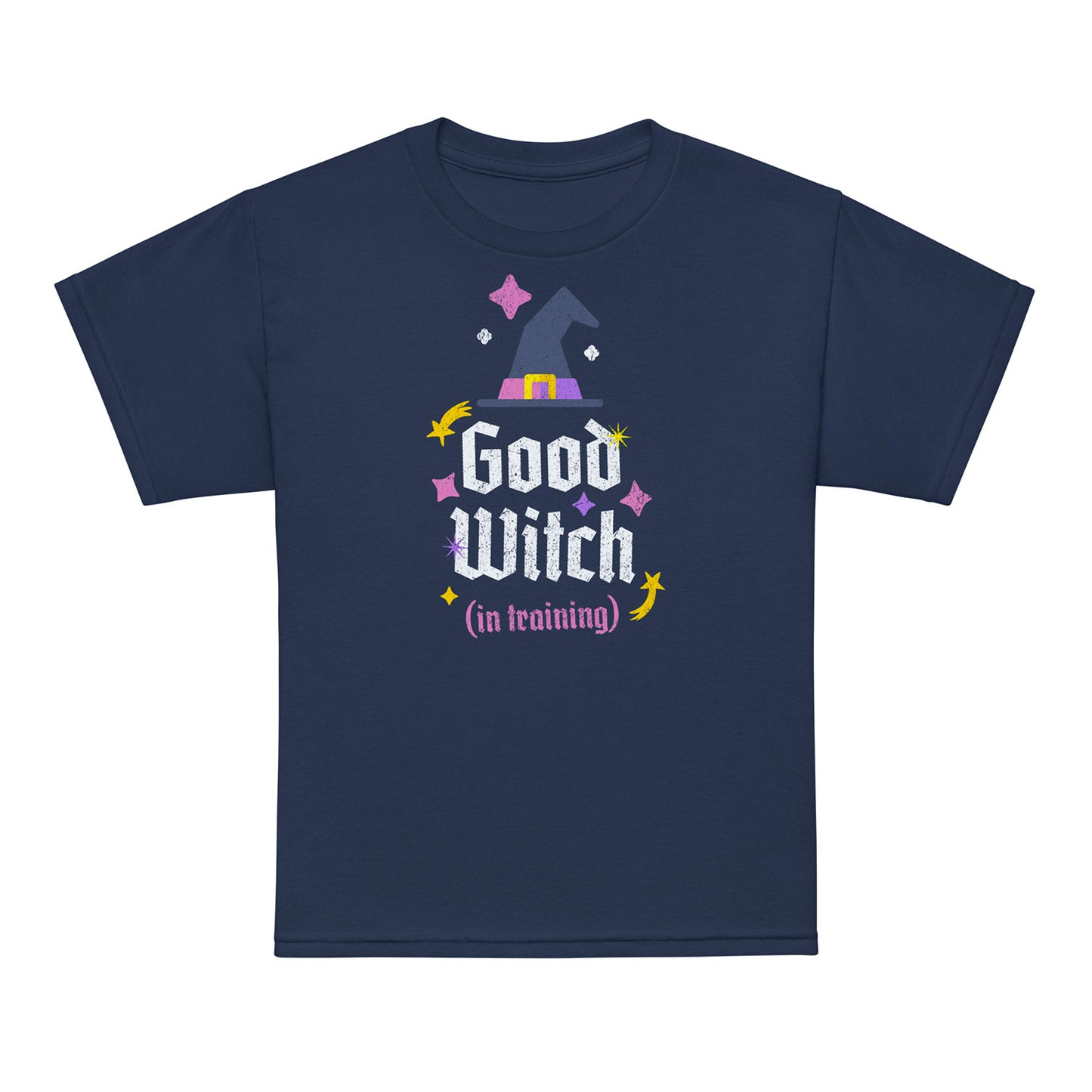 Navy Good Witch In Training kids t-shirt — pink and yellow stars design