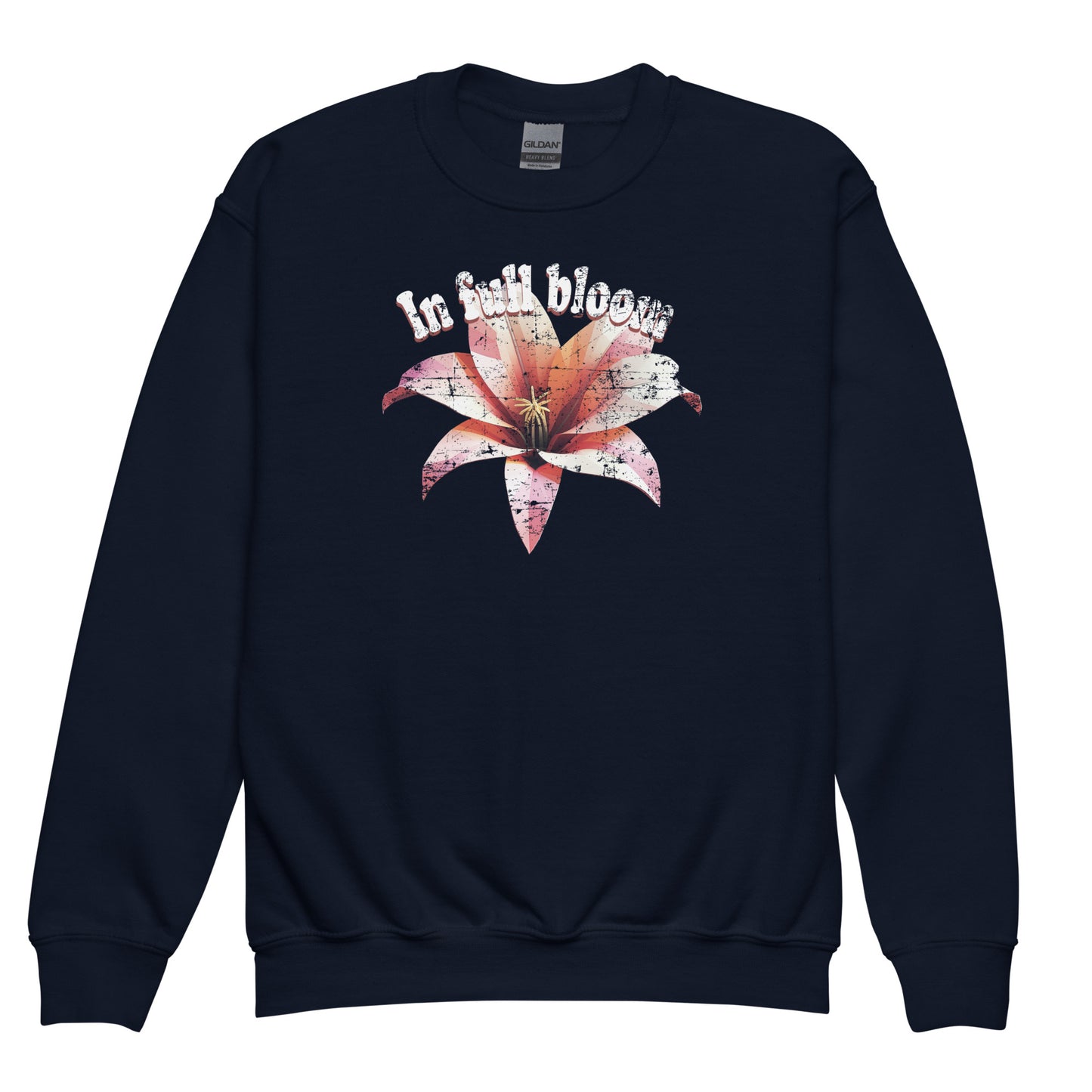 Navy In Full Bloom Gildan 18000B kids sweatshirt details – colorful floral positive vibes design by BimBangDesign