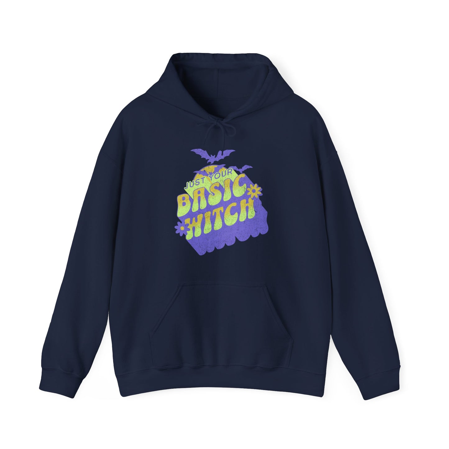 Navy Unisex “Just Your Basic Witch” Halloween hoodie with witchy print — cozy fall fashion with playful attitude. BimBangDesign